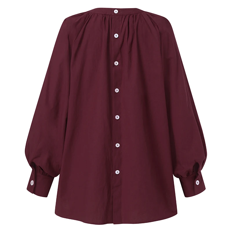 

ZANZEA 2021 Women Pleated Blouse Elegant Back Button Shirts Autumn Blusas Female Puff Sleeve Tops Plus Size Casual Solid Tunic 7