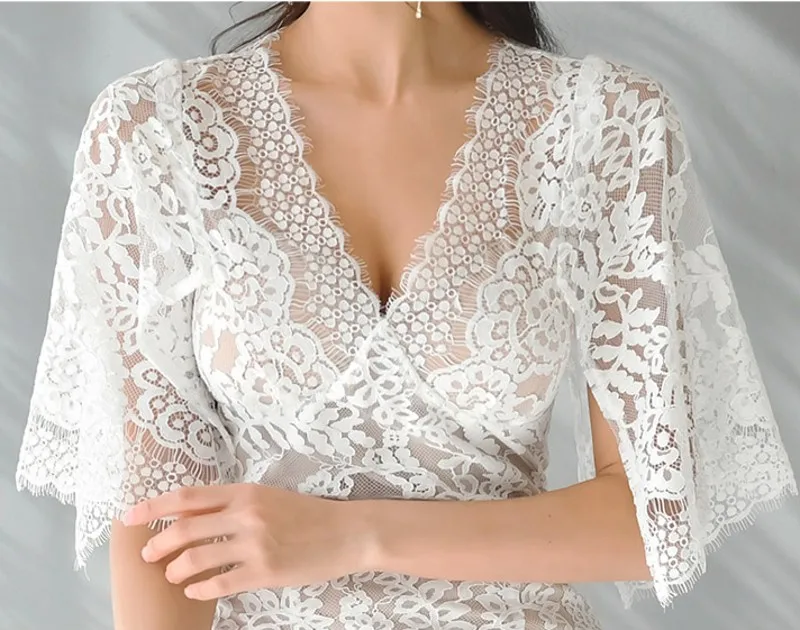 

2021 summer sexy women temperament V-neck short sleeve lace Lace wrap hip dress