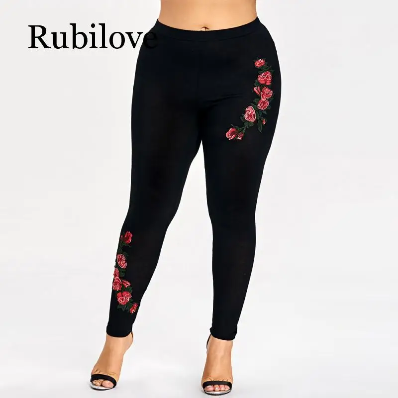 

Rubilove размера плюс вышивка легинсы с цветами женские брюки обтягивающие эластичные фитнес Джеггинсы узкие брюки женские брюки