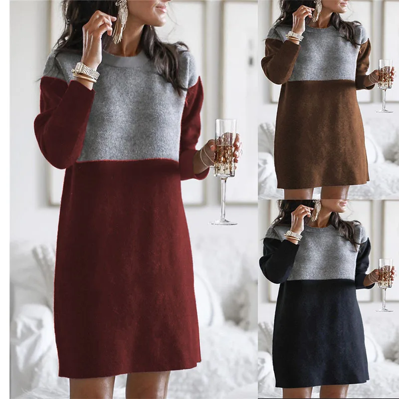 2021 Autumn And Winter Womens Sweater Dresses New Stitching Loose Large Size Round Neck Long Sleeve Woman Dress Vestido De Mujer | Женская