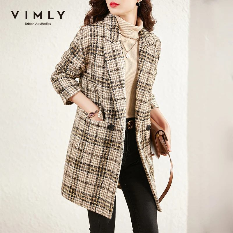 VIMLY Long Jacket For Women 2022 Winter Warm Woolen Coat Vintage Thick Jackets Elegant Lapel Femme Plaid Overcoat V0668