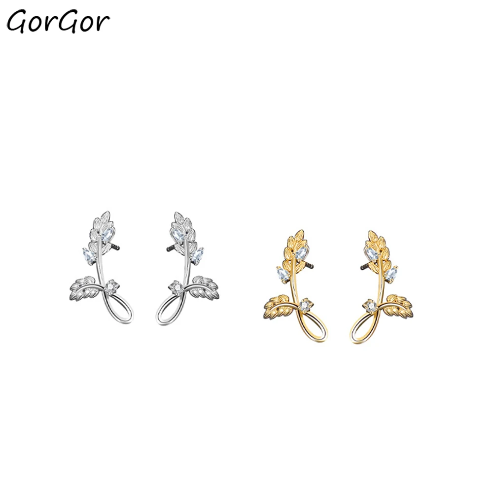 

GorGor Stud Earrings Women 925 Sterling Pattern Small Leaves Mosaic Zirconia Simplicity Individuality Anniversary Jewelry E2292
