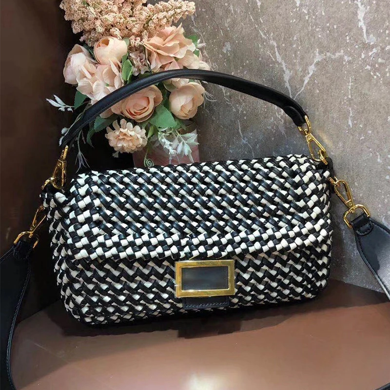 

New retro hit color woven hollow leather horizontal handbag ladies messenger bag fashion shoulder bag