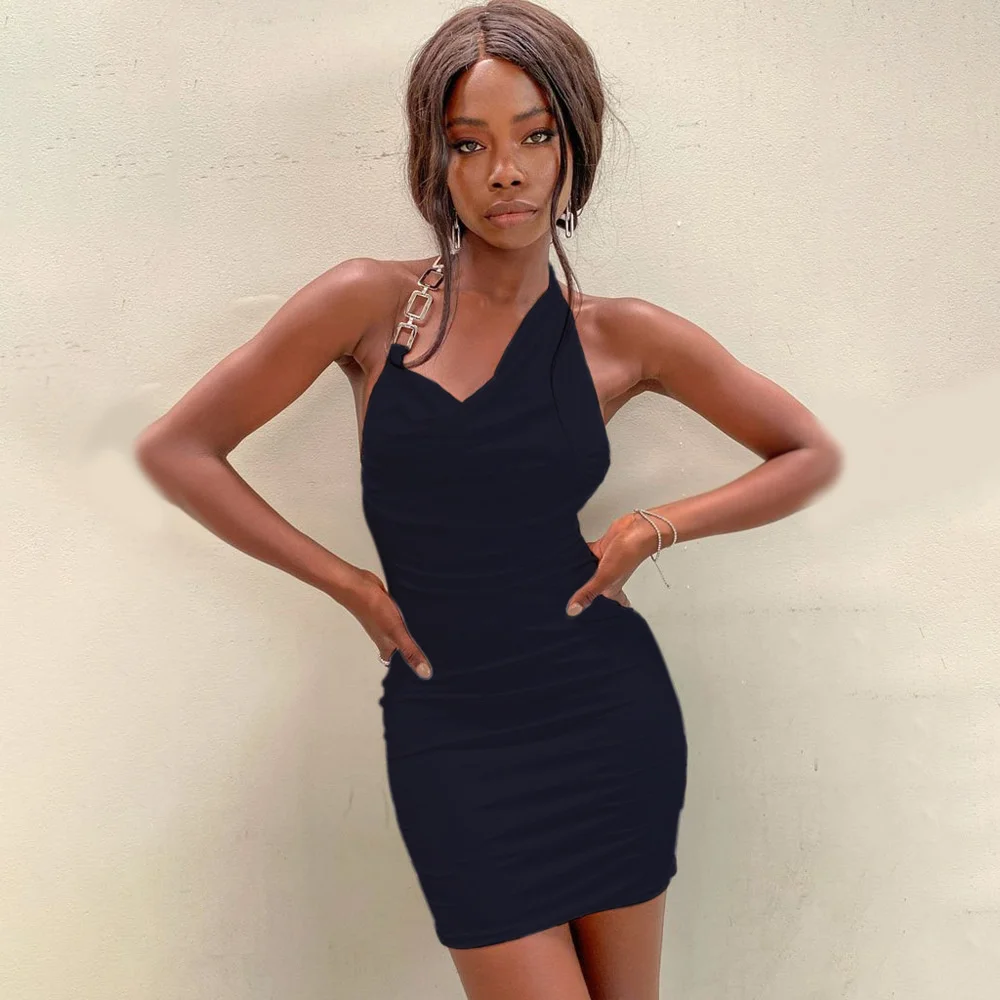 

2021ins women's chain neck tight skirt solid suspender dress waist closing summer style slim