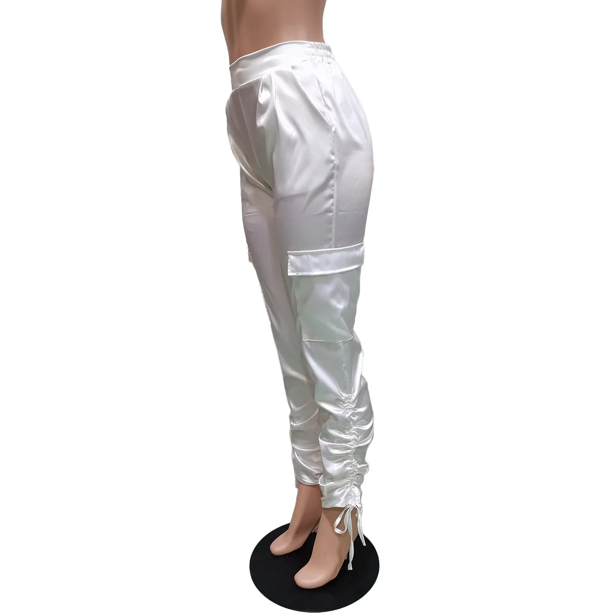 

Casual Satin Stacked Sweatpants High Waist Ruched Trouser Sporty Jogger Skinny Pants Pocket Streetwear Women Clothing