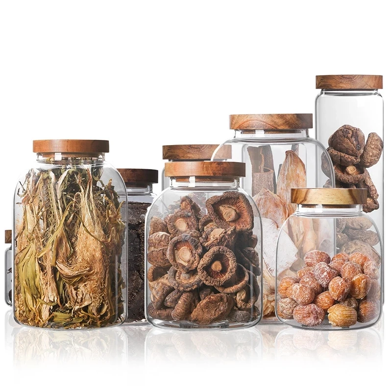 

Wood Lid Glass Storage Bottles Food Grains Tea Coffee Beans Grains Candy Jar Containers Storage Tank Transparent Organization
