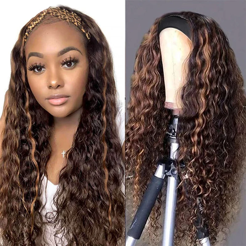 Curly Headband Wig Highlight Headband Wig Headband Wig Human Hair Ombre #4/27Human Hair Wigs with Headbands Attached 150%Density