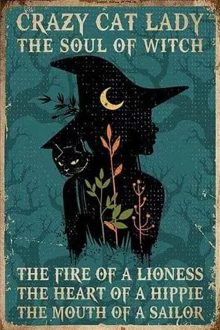 

Vintage Crazy Cat Lady The Soul of Witch Gift Halloween Metal Tin Poster Indoor & Outdoor Home Bar Coffee Kitchen Wall Decor