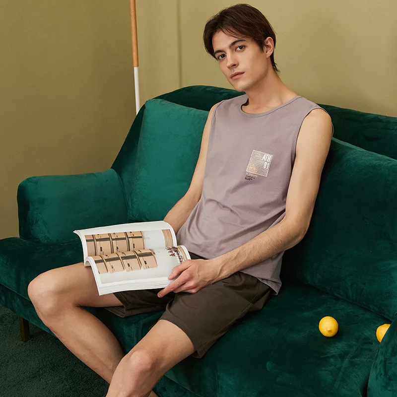 

Top No Shoulder Summer Printed Short See Through Pajamas Thin Short Sleeve Pajamas Set Sexy Mens Lounge Pants Schlafanzug