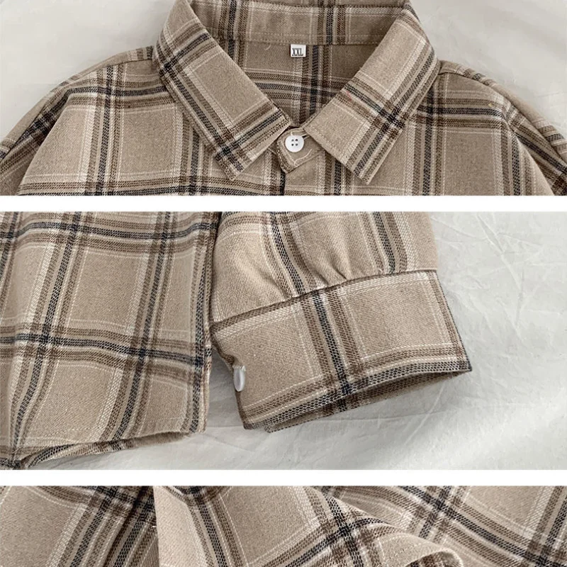 

HOUZHOU Plus Size Tops Women Plaid Shirt Loose Casual Oversized Brown Turn-down Long Sleeve Blouse 2021 Chic Fashion Streetwear