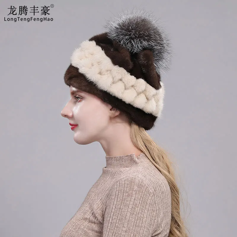 Новая Кожаная шапка из натурального меха норки зимняя женская с ананасом