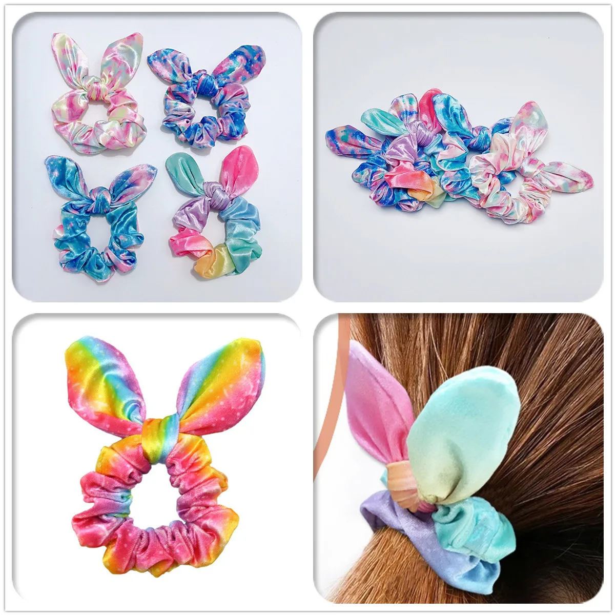 

20pcs Fashion Velvet Rabbit Ears Elastic Hair Bands Tie-Dyed Scrunchies Ponytail Holder For Women Girls HairAccessories Headwear