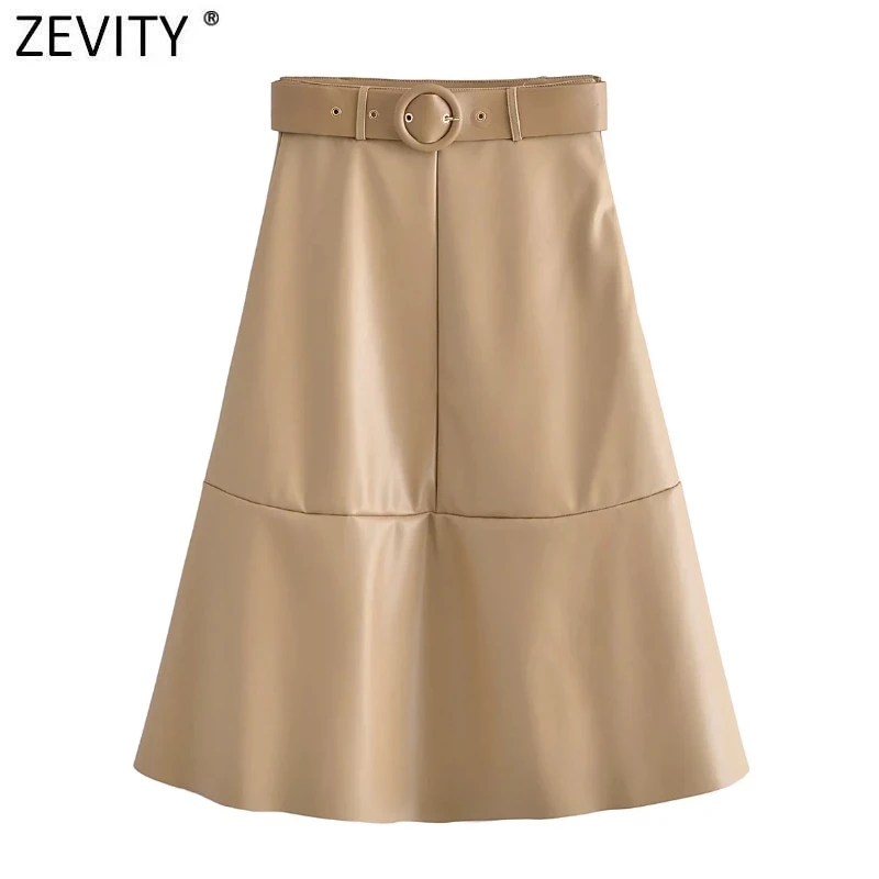 

Zevity 2021 Женская модная бальная юбка из искусственной кожи, женские юбки, Женская шикарная юбка с боковой молнией и поясом, повседневные облег...