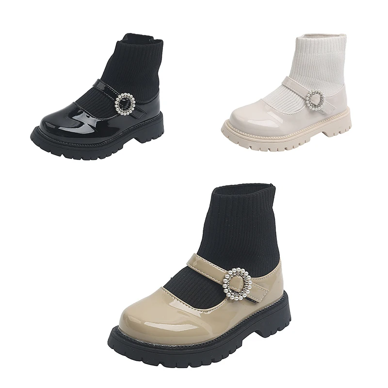 

Children Leather Shoes Autumn 2021 Kids Buckle Strap Retro Shoe Girls Dress Shoe Knitting Socks Shoe Solid Color Shoe Size 26-36