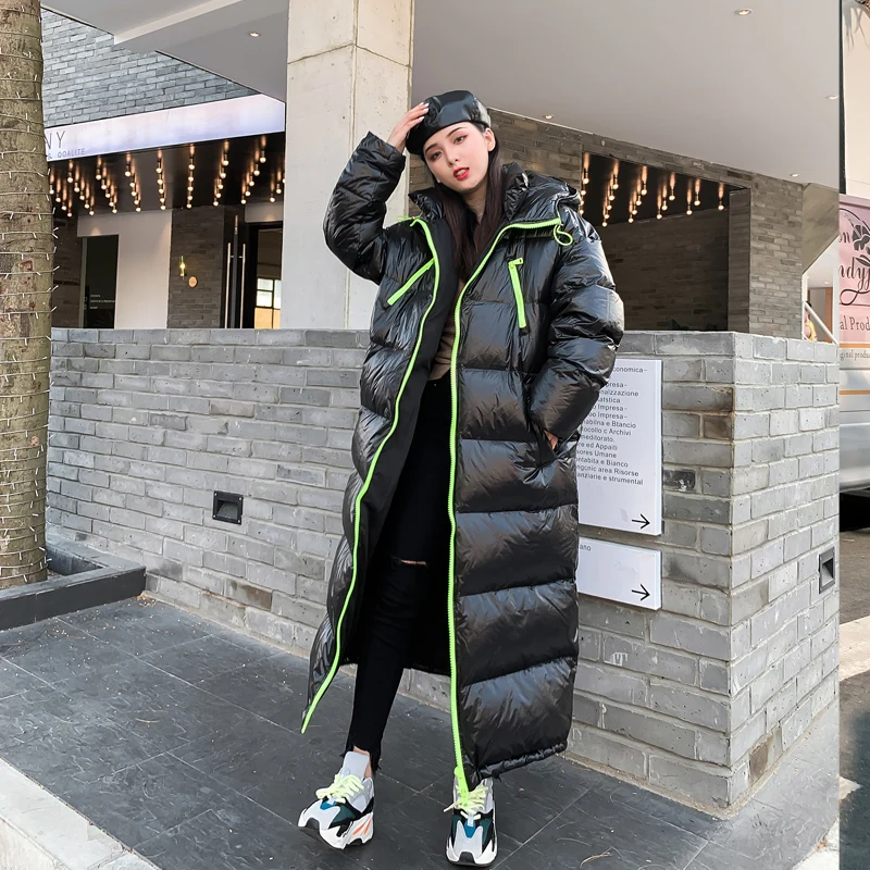 Женский пуховик выше колена блестящее Стеганое пальто зимняя теплая Толстая