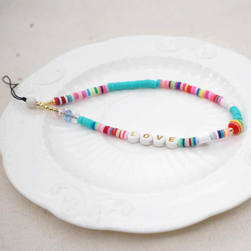 

Colored Clay with Letters Acrylic Pink Round Beads Mobile Phone Anti-lost Rope Women's Handmade Beaded Key Chain Short