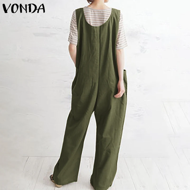 

Summer Sleeveless Rompers Cotton Jumpsuits With Pockets VONDA Women Loose Solid Wide Leg Playsuits Casual Pantalones Harem Pants