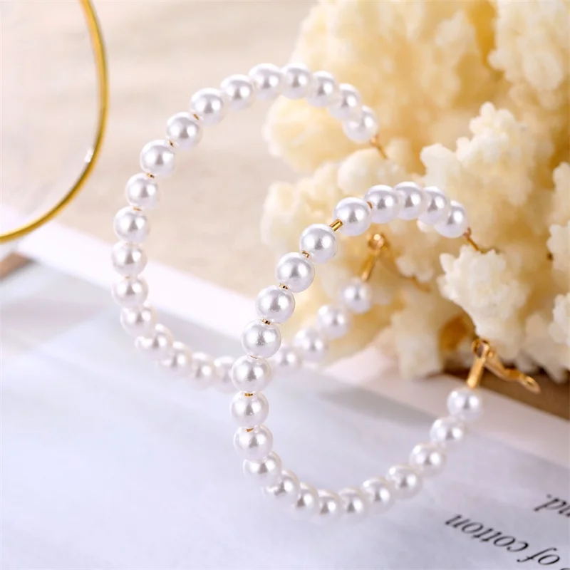 FAMSHIN Boho White Imitation Pearl Round Circle Hoop Earrings Women Gold Color Big Earings Jewelry Brincos Statement Earring | Украшения и