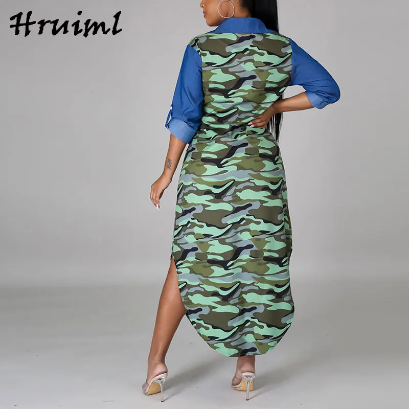 

Fashion Vintage Dress Long Sleeve Camouflage Hot Sale Dresses Women Holidays Button Pocket Ankle Length Casual Vestido De Mujer