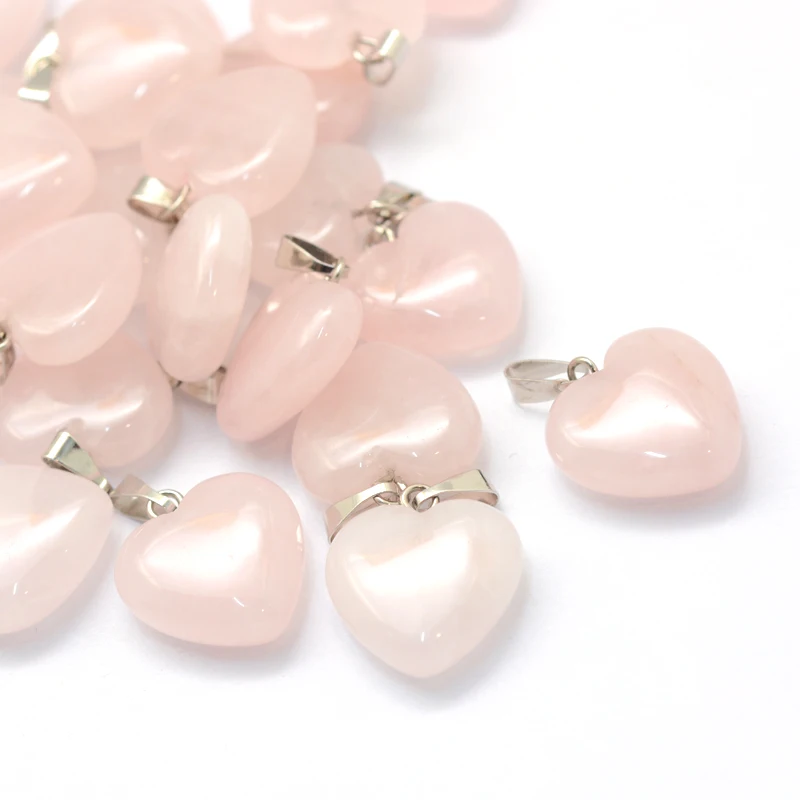 

50pcs Heart Natural Rose Quartz Pendants Platinum Tone Brass Findings For DIY Jewelry Making 17~19x15~16x5~8mm, Hole: 2x7mm