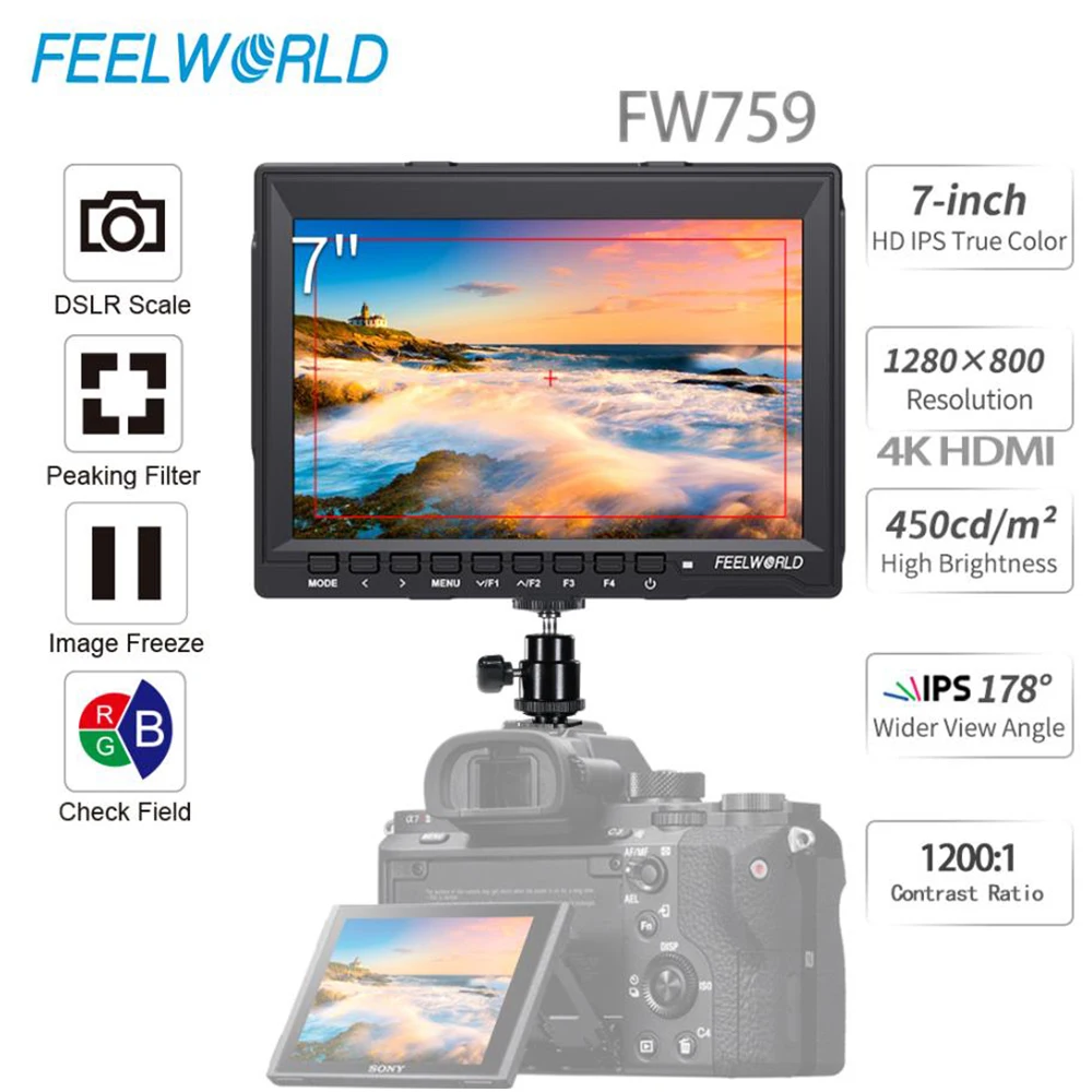 Monitor de Campo Relação de Contraste Feelworld Polegada Dslr Câmera 4k Hdmi av Entrada Ips Tela 1200:1 Constante Fw759 Moniteur 7 hd 1280×800