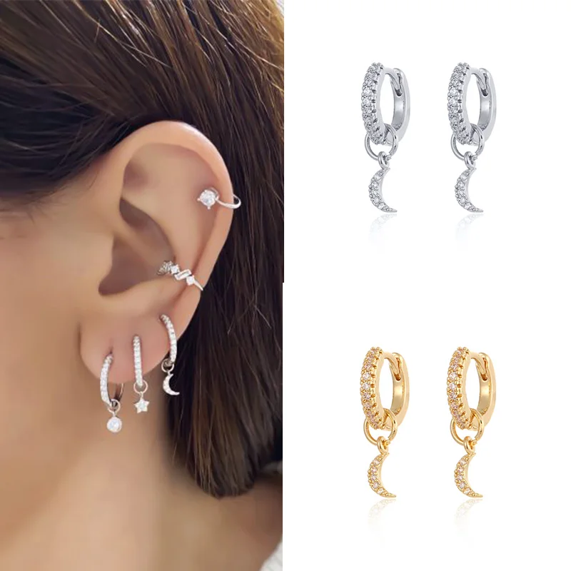 

ISUEVA Fashion Mini Zircon Hoops Earrings Creativity Hip Hop Geometric Moon Dangle Earrings For Women Party Jewelry 2021