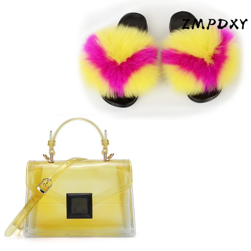Женские пушистые шлепанцы прозрачная сумка обувь комплекты туфли конфетного