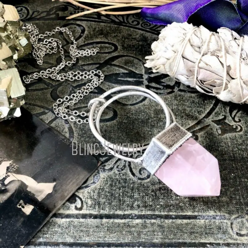 NM39976 Silver Crystal Rose Quartz Hoop Necklace Pink Quartz Necklace Natural Stone Necklace Statement Jewelry Bohemian Jewelry