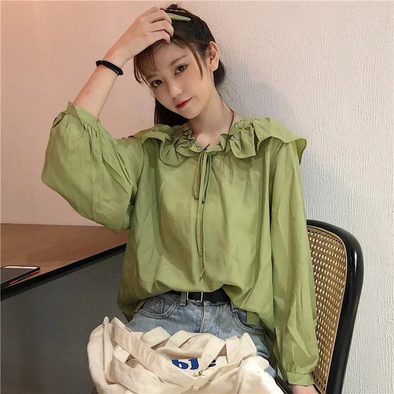 Женская одежда с бантом однотонная гофрированная рукавами-фонариками милый