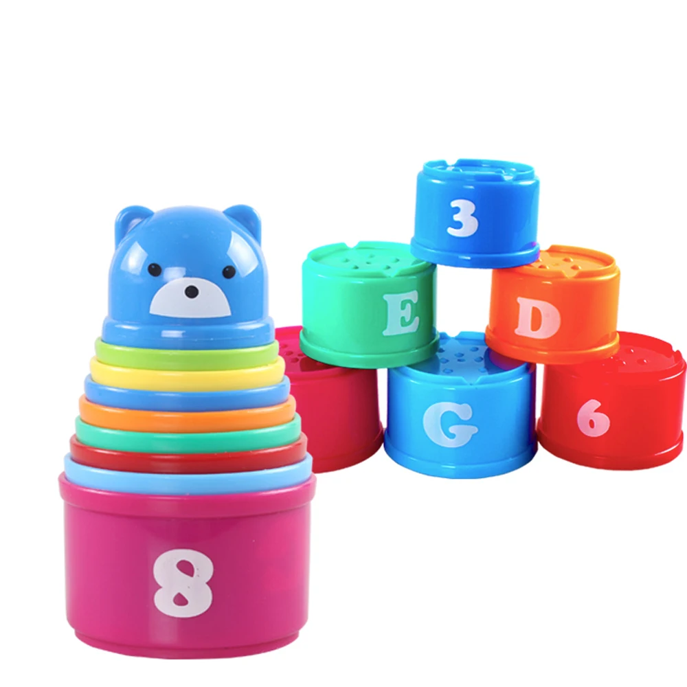 9PCS Bear Stack Cup Educational Baby Toys 13 24 Months Rainbow Color Kid Figures Folding Tower Funny Piles Number Letter Toy | Игрушки и