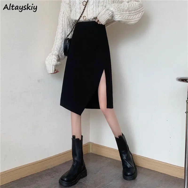 

Irregular Skirts Women Korean Style Chic Side-slit Thick All-match Slim Faldas Mujer Ulzzang Elegant Spring Autumn Leisure Cozy