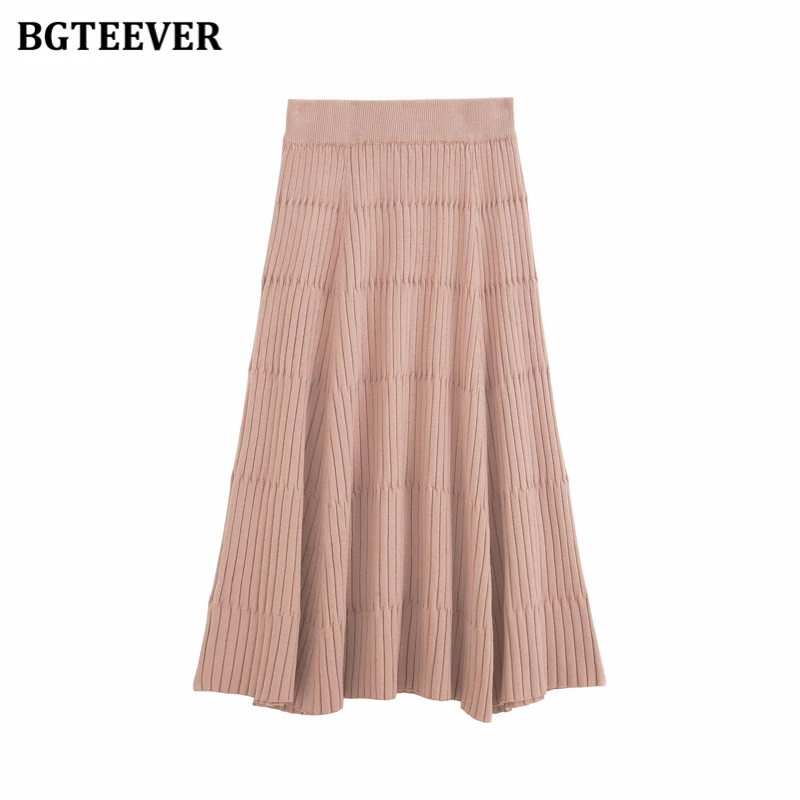 

BGTEEVER Elegant Autumn Winter High Waist Female Knitted Skirts 2020 Soft Warm Loose Solid Female A-line Sweater Skirts