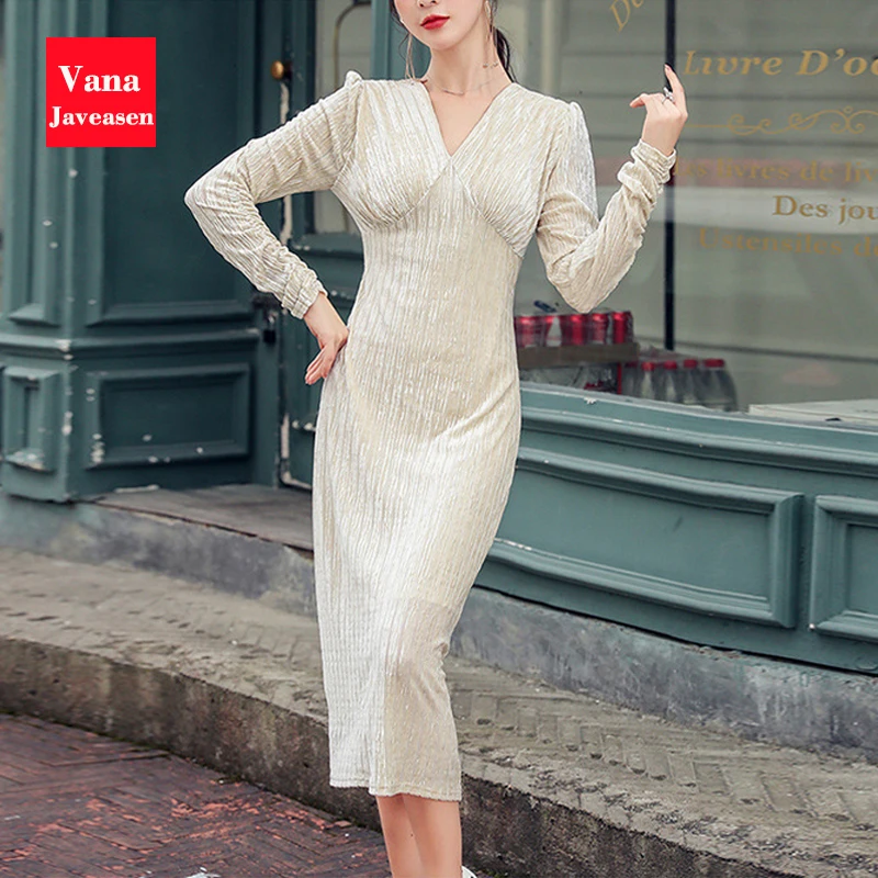 

Elegant V-neck Elegant Dress Party High Waist Slim Velvet Straight Long Dresses For Women Pleated Long Sleeve Vintage Dress