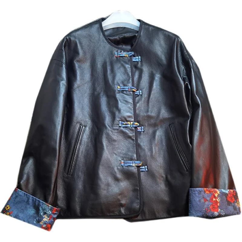 Chinese style Genuine leather women buckle round neck jacket 2021 autumn new printed real sheepskin jacket short streetwear y2k