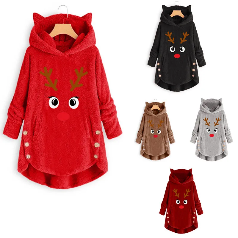 

Christmas Sweater Women Plus Size S- 5XL Pullover with Hooded Ear Cat Button Knitted 2021 Winter Deer Pink Black Oversized Thick