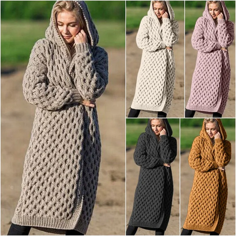 

2020 V-neck Lantern Sleeve Open Stitch Loose Sweater with Hood Autumn Sweater Cardigans Women Clothes Female Knit Coat