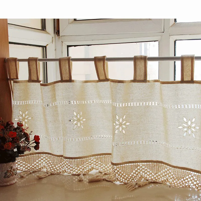 New 1PC Cotton Linen Half-curtain Handmade Tassel Embroideried Floral Kitchen Curtains Pastoral Short Panel Curtain for Cafe |