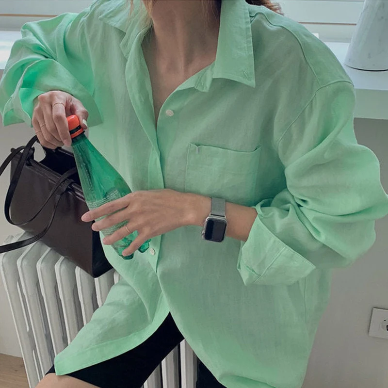 

Spring 2021 Ladies Tops Lapel Single-breasted Loose Casual Long-sleeved Shirt Women Simple Plus Size Casual Green Blouse
