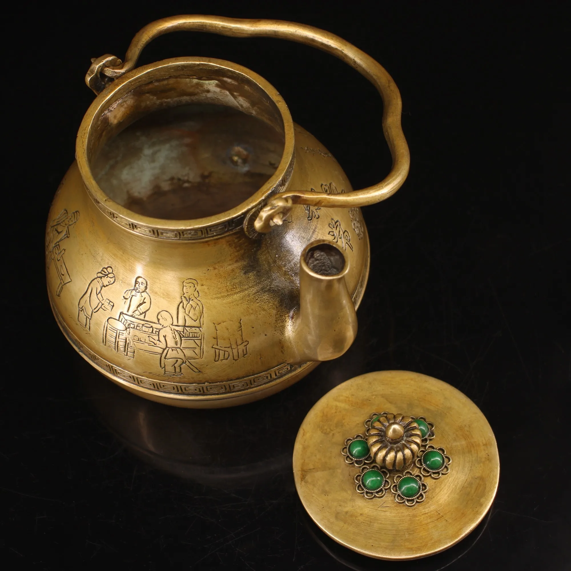 

wedding decoration Chinese ancient collection old pure copper all copper Republic of China hand-made inlaid gem teapot kettle