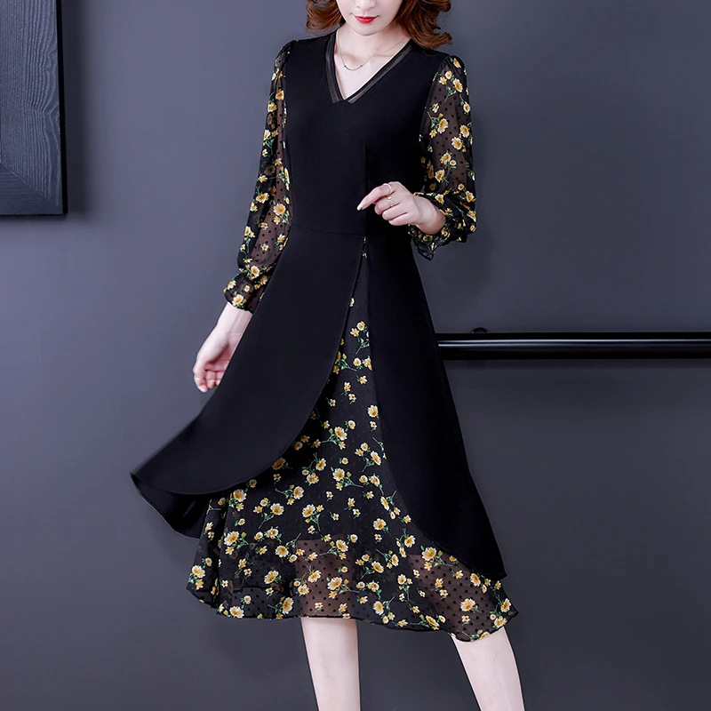 

Spring Vintage Black Print Patchwork Chiffon Dress 2023 Casual Office Lady Midi Dress Autumn Women Elegant Bodycon Party Vestido