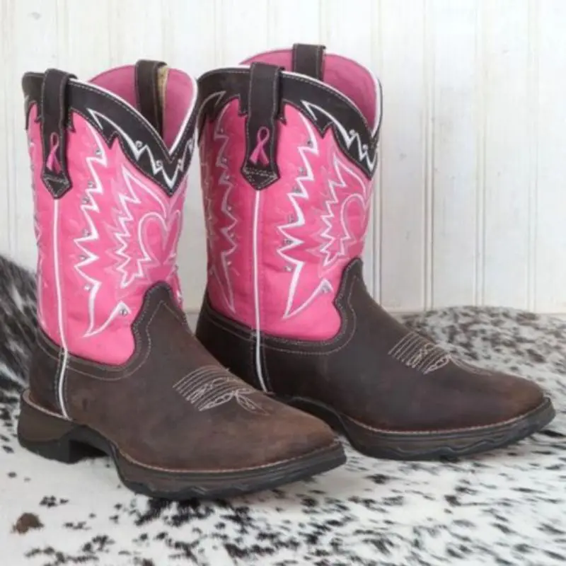 

New Women Pink Ribbon Boots PU Leather Printed Square Head Western Cowboy Boots Deep V-mouth High Tube Boots Classic 8KH404