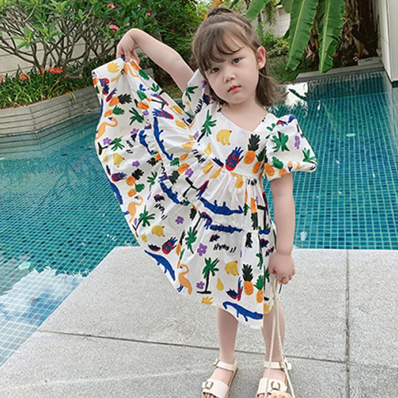 Милое Платье с принтом для девочек Летнее платье фруктовыми животными Хлопковое