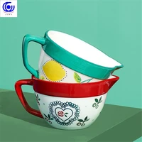 sauce the egg bowl stir with a drain cup tip toe ceramic handle home baked batter breakfast oat cup red