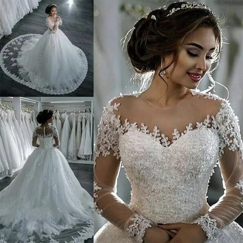 Fansmile 2021 класса люкс с кружевом и вышивкой Vestido De Novia длинным рукавом свадебное