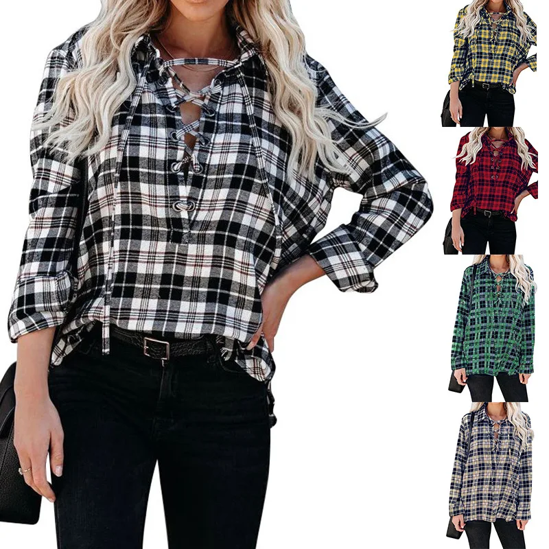 

Women V-Neck T shirt Plaid T-Shirt Tops Lady Long Sleeve Tee Shirt Tops Plus Size