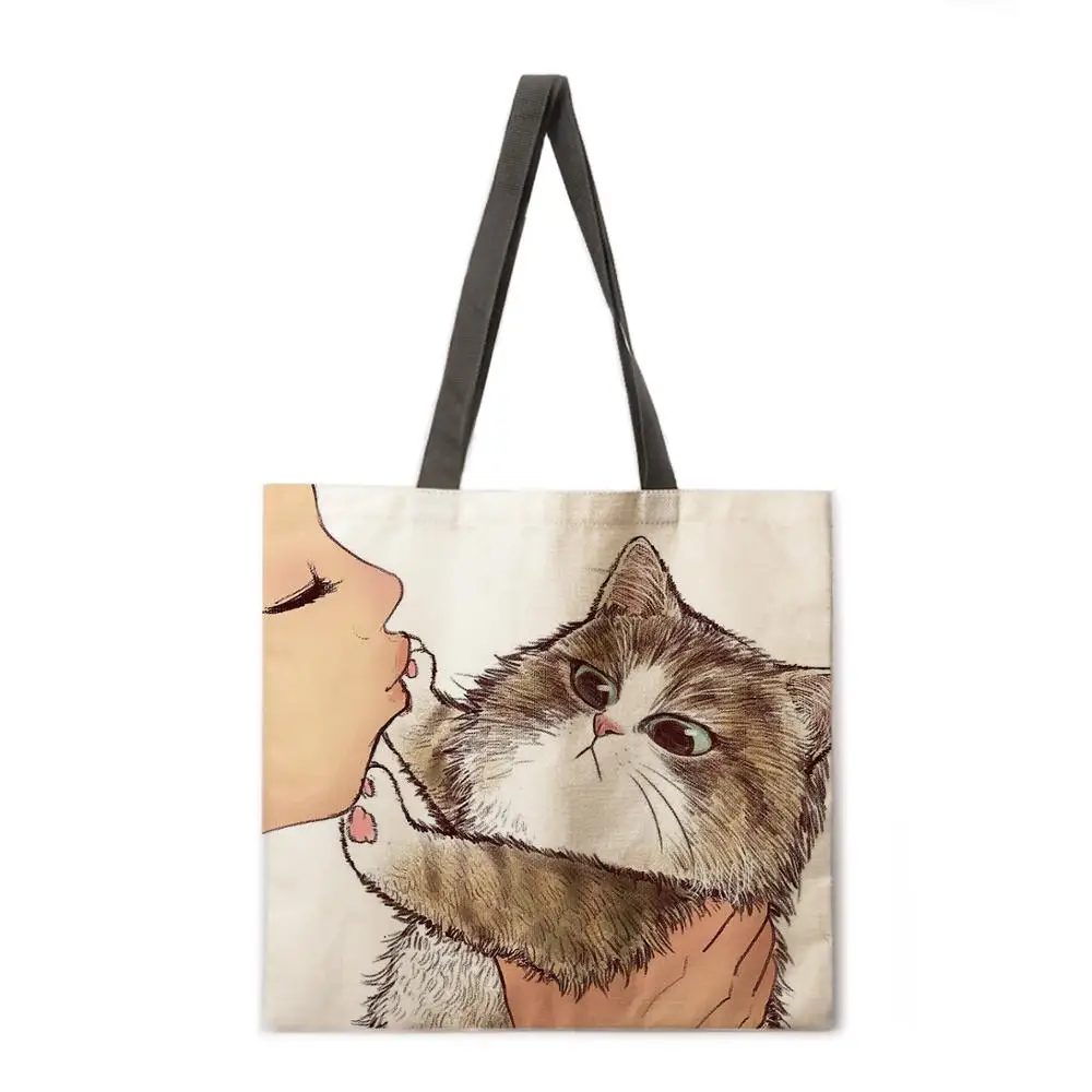 

Kissing cat casual tote bag linen bag reusable shopping bag outdoor beach bag casual tote bag