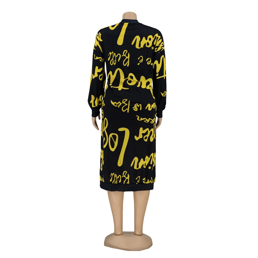 

Women Loose Dresses Yellow Letter Print Office Lady Round Neck Long Sleeve Plus Size Dress Autumn Female Night Club Party Dress