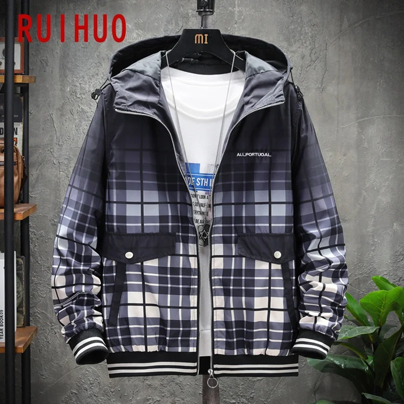 RUIHUO 2021 Новинка весны в красную клетку повседневная куртка Для мужчин пальто