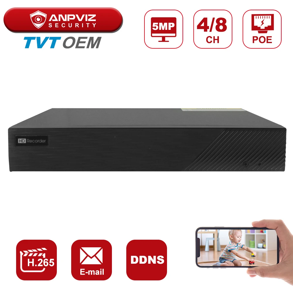 Anpviz NVR H.265 TVT OEM 4CH/8CH выход 5MP Запись в реальном времени POE P2P Onvif 25fps Удаленный