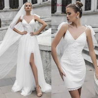 elegant v neck a line lace wedding dress with detachable train short midi wedding gown removable skirt backless bridal gown 2021